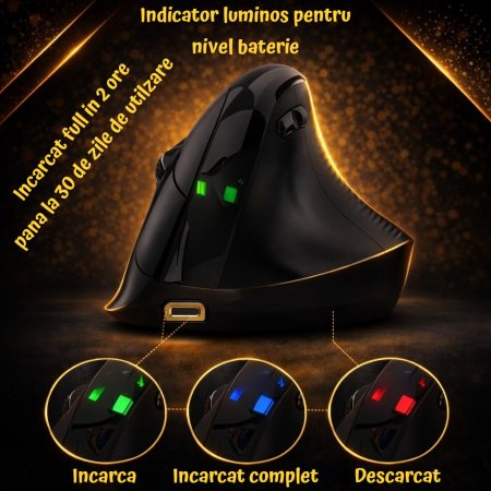 Mouse wireless AdyMel® ergonomic vertical – 2.4GHz + BT 5.0, 4000 DPI, reincarcabil, negru. [4]
