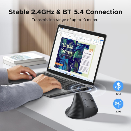 Mouse wireless UGREEN® design ergonomic vertical, M571P, 6 Butoane, 2.4GHz + BT 5.4, 1000/1600/2000/4000 dpi, compatibil cu Pc/Laptop/Tableta/Telefon Mobil, Negru [1]