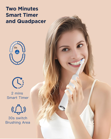 Periuta de dinti electrica sonica YTEATH PRO® pentru adulti si copii cu 5 moduri de curatare si 3 niveluri de intensitate, pana la 50000 vibratii pe minut, temporizator 2 minute, incarcare wireless, 8 capete incluse, cutie de calatorie, alba [4]