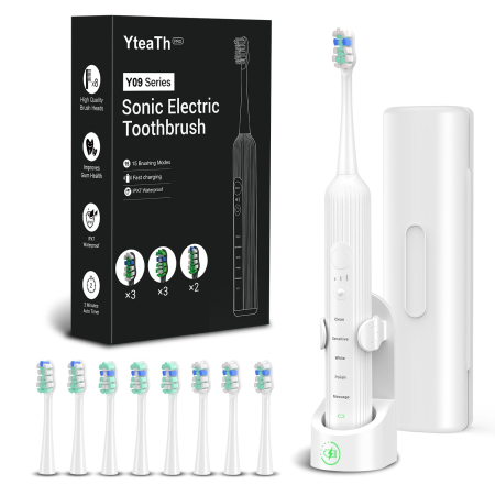 Aparate intretinere si ingrijire corporala - Periuta de dinti electrica sonica YTEATH PRO® pentru adulti si copii cu 5 moduri de curatare si 3 niveluri de intensitate, pana la 50000 vibratii pe minut, temporizator 2 minute, incarcare wireless, 8 capete incluse, cutie de calatorie, alba