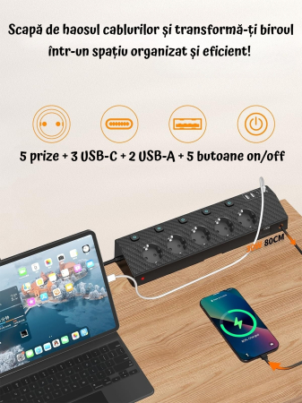 AM328 - Prelungitor pentru blat, birou, cu clema, PD 30W fast charge, 220V-250V 4000W/16A 5 prize, 3 USB-C, 2 USB-A, cablu 3m, protectie supratensiune, rotire 180° multifunctional, bucatarie, Negru [2]