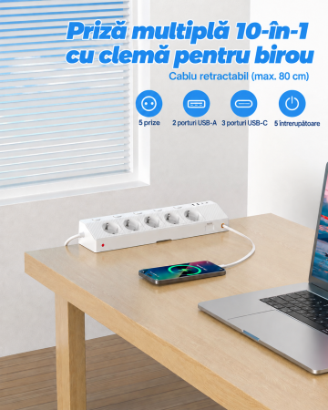 Prelungitor Birou 10-in-1 cu Clema, USB-C PD 30W, 4000W [1]