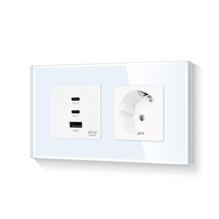 Accesorii PC, Laptop, Tablete & Telefoane - Priza Duala cu Incarcare Rapida 65W GaN, 2x USB-C + USB-A, Schuko 16A, Rama Sticla, Alb, Fast Charge Laptop si Telefon