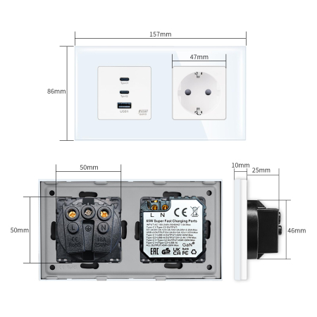 Priza Duala cu Incarcare Rapida 65W GaN, 2x USB-C + USB-A, Schuko 16A, Rama Sticla, Alb, Fast Charge Laptop si Telefon [1]