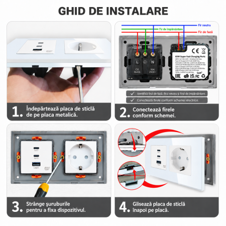AM299 - Priza Duala cu Incarcare Rapida 65W GaN, 2x USB-C + USB-A, Schuko 16A, Rama Sticla, Alb, Fast Charge Laptop si Telefon [5]