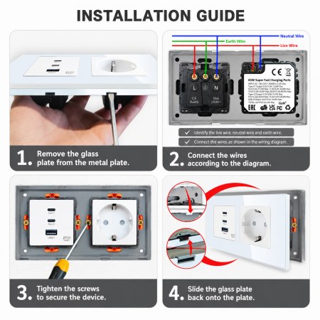 Priza Duala cu Incarcare Rapida 65W GaN, 2x USB-C + USB-A, Schuko 16A, Rama Sticla, Alb, Fast Charge Laptop si Telefon [7]