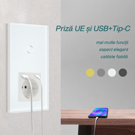 AM293 - Priza inteligenta Schuko cu intrerupator touch WiFi BSEED, USB si Type-C, control aplicatie Smart Tuya, compatibil Alexa Google Home, panou sticla, alb [2]