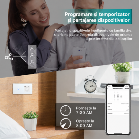 AM293 - Priza inteligenta Schuko cu intrerupator touch WiFi BSEED, USB si Type-C, control aplicatie Smart Tuya, compatibil Alexa Google Home, panou sticla, alb [3]