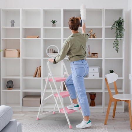 Scară pliabilă Bontec® cu 3 trepte, trepte late antiderapante, maner buretat, capacitate 272 kg, otel rezistent, roz. [7]