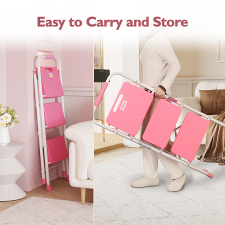 Scară pliabilă Bontec® cu 3 trepte, trepte late antiderapante, maner buretat, capacitate 272 kg, otel rezistent, roz. [5]