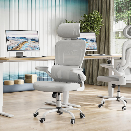 Scaun ergonomic pentru birou și calculator, reglabil pe înălțime, cu tetieră și suport lombar, brațe rabatabile 90°, rotire 360°, roți silențioase, tapițerie respirabilă, gri/alb. [6]