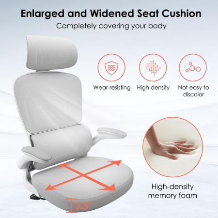 Scaun ergonomic pentru birou și calculator, reglabil pe înălțime, cu tetieră și suport lombar, brațe rabatabile 90°, rotire 360°, roți silențioase, tapițerie respirabilă, gri/alb. [1]