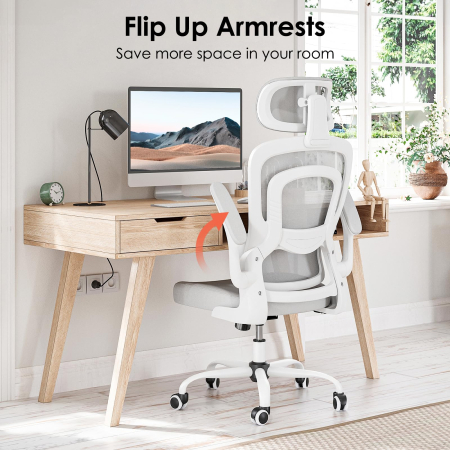 Scaun ergonomic pentru birou și calculator, reglabil pe înălțime, cu tetieră și suport lombar, brațe rabatabile 90°, rotire 360°, roți silențioase, tapițerie respirabilă, gri/alb. [5]