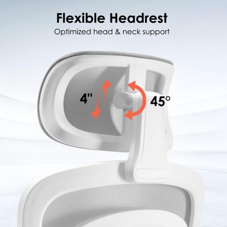 Scaun ergonomic pentru birou și calculator, reglabil pe înălțime, cu tetieră și suport lombar, brațe rabatabile 90°, rotire 360°, roți silențioase, tapițerie respirabilă, gri/alb. [3]