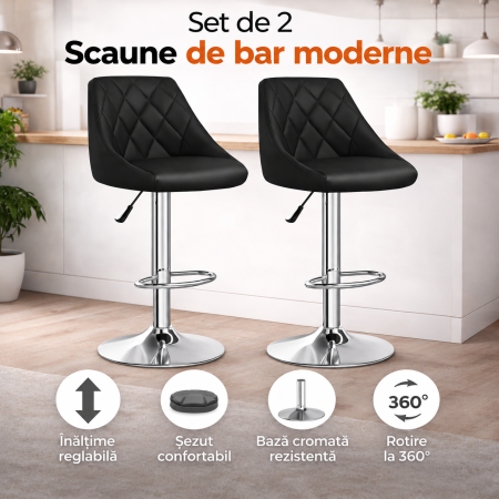 Casa & Birou - Set 2 scaune bar Premium, piele ecologica neagra, reglabile pe inaltime 82–103 cm, rotative 360°, cadru otel cromat, confortabile pentru bucatarie, bar sau dining, Gri