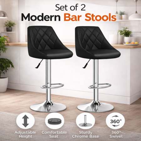 Scaune - Set 2 scaune bar Premium, piele ecologica neagra, reglabile pe inaltime 82–103 cm, rotative 360°, cadru otel cromat, confortabile pentru bucatarie, bar sau dining, Gri