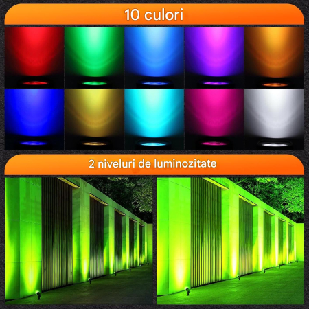 Set 8 proiectoare RGB, lampi gradina cu senzor lumina, telecomanda, functie temporizare, 30 moduri dinamice, impermeabile IP66, cu tarus si cablu de 23 m, Iluminat exterior pentru gradina, curte, petrecere [4]