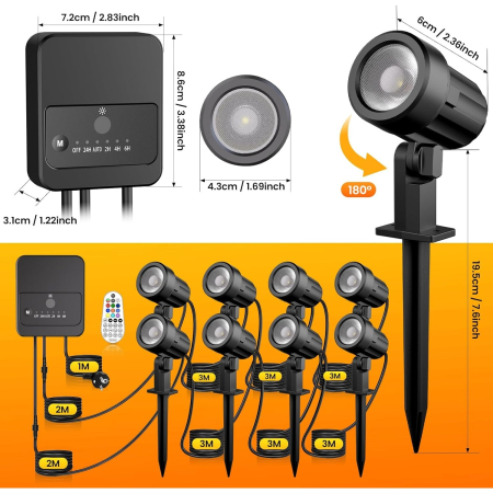 Set 8 proiectoare RGB, lampi gradina cu senzor lumina, telecomanda, functie temporizare, 30 moduri dinamice, impermeabile IP66, cu tarus si cablu de 23 m, Iluminat exterior pentru gradina, curte, petrecere [1]