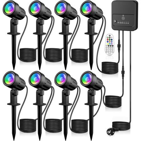 Set 8 proiectoare RGB, lampi gradina cu senzor lumina, telecomanda, functie temporizare, 30 moduri dinamice, impermeabile IP66, cu tarus si cablu de 23 m, Iluminat exterior pentru gradina, curte, petrecere [0]