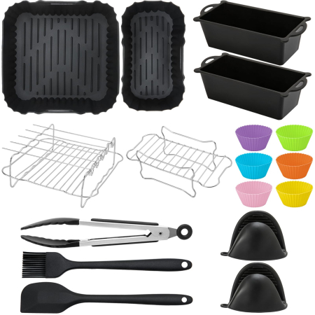 Accesorii Bucatarie - Set Accesorii Air Fryer 22 Piese, 3L + 6L, Silicon + Inox, Compatibil Philips Dual Basket 3000/5000, Ninja, Cosori, 9L