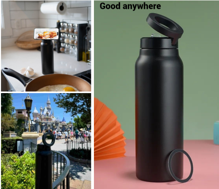 Sticla Termos cu Magnet AdyMel® suport pentru telefon, izolatie termoizolanta dubla, sala de fitness, deplasari, concedii, serviciu, soferi, Negru [6]