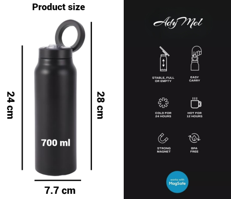 Sticla Termos cu Magnet AdyMel® suport pentru telefon, izolatie termoizolanta dubla, sala de fitness, deplasari, concedii, serviciu, soferi, Negru [1]