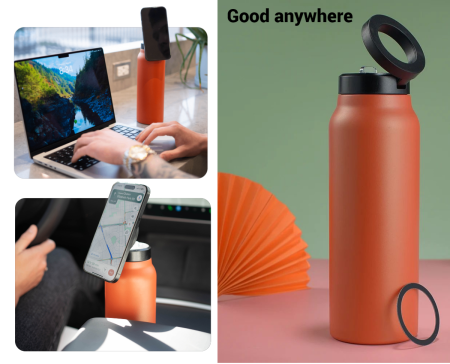 Sticla Termos cu Magnet AdyMel® suport pentru telefon, izolatie termoizolanta dubla, sala de fitness, deplasari, concedii, serviciu, soferi, Portocaliu [3]