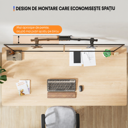 AM305 - Suport 2 Monitoare 13–27 Inch pentru perete 10 kg/Brat, VESA 75/100, Reglabil, Rotire 180°, Inclinare, Adaptor Dual pentru brat monitor, Transforma Suportul Single in Dual, Negru [1]