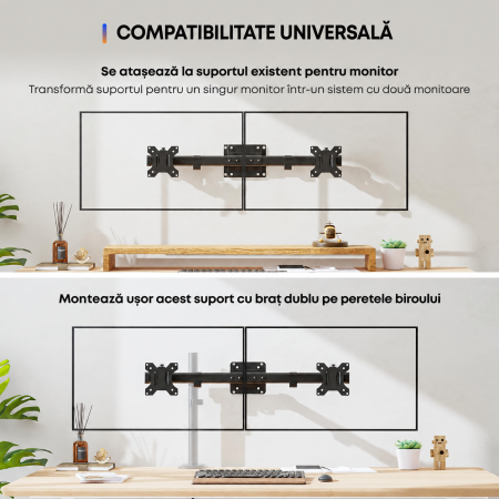 AM305 - Suport 2 Monitoare 13–27 Inch pentru perete 10 kg/Brat, VESA 75/100, Reglabil, Rotire 180°, Inclinare, Adaptor Dual pentru brat monitor, Transforma Suportul Single in Dual, Negru [4]
