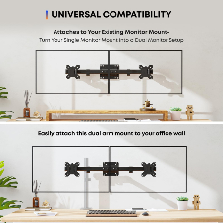 Suport 2 Monitoare 13–27 Inch pentru perete 10 kg/Brat, VESA 75/100, Reglabil, Rotire 180°, Inclinare, Adaptor Dual pentru brat monitor, Transforma Suportul Single in Dual, Negru [4]