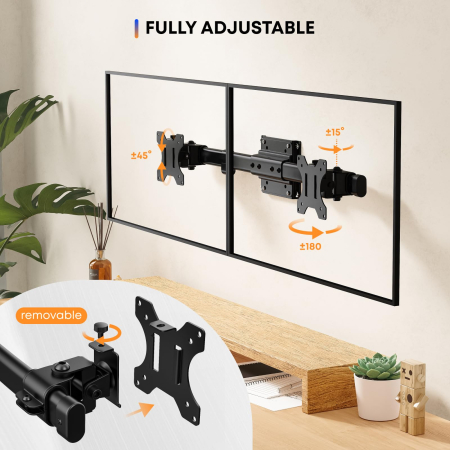 Suport 2 Monitoare 13–27 Inch pentru perete 10 kg/Brat, VESA 75/100, Reglabil, Rotire 180°, Inclinare, Adaptor Dual pentru brat monitor, Transforma Suportul Single in Dual, Negru [2]