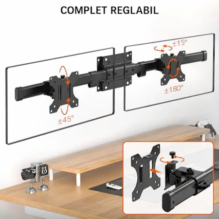 Suport 2 Monitoare 17–35 Inch pentru perete 10 kg/Brat, VESA 75/100, Reglabil, Rotire 180°, Inclinare, Adaptor Dual pentru brat monitor, Transforma Suportul Single in Dual, Negru [2]