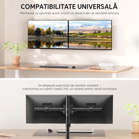 Suport 2 Monitoare 17–35 Inch pentru perete 10 kg/Brat, VESA 75/100, Reglabil, Rotire 180°, Inclinare, Adaptor Dual pentru brat monitor, Transforma Suportul Single in Dual, Negru [4]