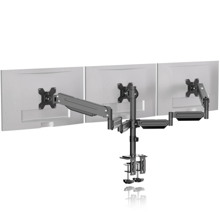 Accesorii Monitoare - Suport 3 Monitoare Pholiten®, Premium 17–27 Inch, Brate pe Gaz, Reglabil pe Inaltime, Rotire 360°, VESA 75/100, 6 kg/Brat, Suport monitor, Suport 2 monitoare, Negru