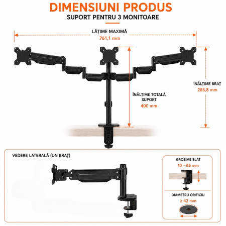 AM300 - Suport 3 Monitoare Pholiten®, Premium 17–27 Inch, Brate pe Gaz, Reglabil pe Inaltime, Rotire 360°, VESA 75/100, 6 kg/Brat, Suport monitor, Suport 2 monitoare, Negru [2]