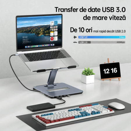 Suport Laptop cu Docking Station USB-C 6-in-1, HDMI 4K, PD 100W [4]