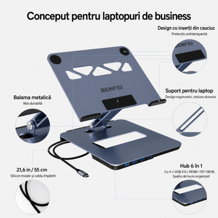 Suport Laptop cu Docking Station USB-C 6-in-1, HDMI 4K, PD 100W [1]