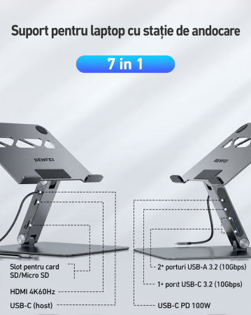 AM292 - Suport laptop cu docking station USB-C 7 in 1 BENFEI, HDMI 4K 60Hz, PD 100W, 10Gbps, cititor carduri SD/MicroSD, stand reglabil aluminiu, compatibil MacBook/XPS [2]