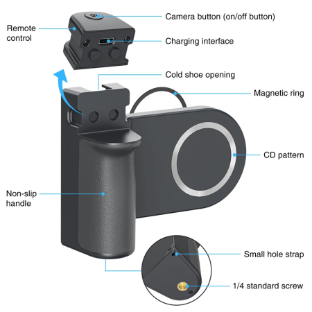Produse EmagMarketplace - Suport magnetic telefon pentru captura poze AdyMel®, camgrip, cu conectatre bluetooth, telecomanda detasabila, snap, grip, universal, selfie stick, negru
