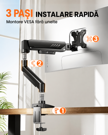 Suport monitor Adymel® 13–34 inch, brat reglabil cu arc pe gaz, sustine pana la 9 kg, compatibil VESA 75x75 si 100x100, 2 tipuri de montare, ideal pentru gaming si birou [4]