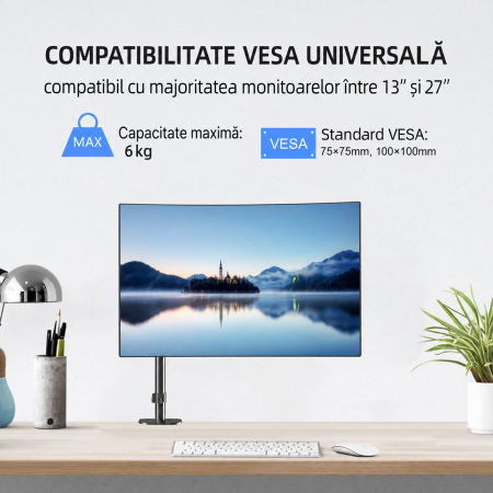 Suport Monitor Reglabil cu Brat pe Gaz, 13–32 Inch, 360°, Inclinare 90°, VESA 75/100, Montaj Birou, 6 kg [1]