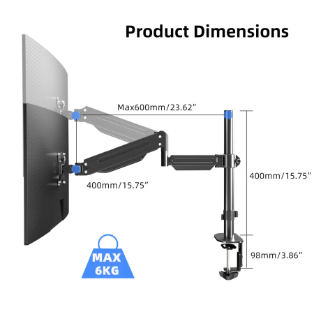 Suport Monitor Reglabil cu Brat pe Gaz, 13–32 Inch, 360°, Inclinare 90°, VESA 75/100, Montaj Birou, 6 kg [2]