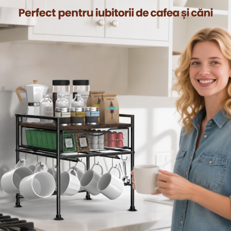 AM274 - Suport organizator bucatarie, suport cani, capsule cafea, ceai, zahar, statie aparat cafea cu sertar mare pentru depozitare si carlige extensibile, suport pentru 10 cani, organizator [7]
