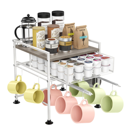 Accesorii Bucatarie - Suport organizator bucatarie, suport cani, capsule cafea, ceai, zahar, statie aparat cafea cu sertar mare pentru depozitare si carlige extensibile, suport pentru 10 cani, organizator pentru barul de cafea in bucatarie, acasa, birou, Gri si Alb