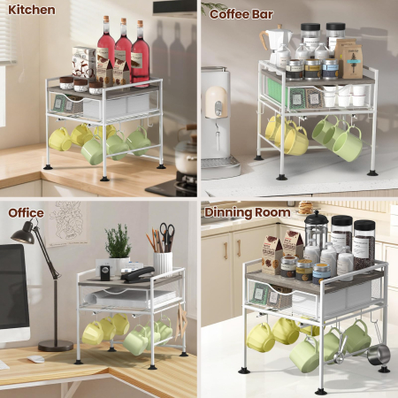 Suport organizator bucatarie, suport cani, capsule cafea, ceai, zahar, statie aparat cafea cu sertar mare pentru depozitare si carlige extensibile, suport pentru 10 cani, organizator pentru barul de cafea in bucatarie, acasa, birou, Gri si Alb [7]