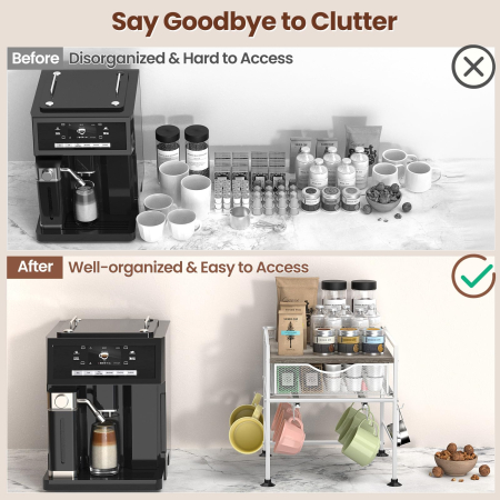 Suport organizator bucatarie, suport cani, capsule cafea, ceai, zahar, statie aparat cafea cu sertar mare pentru depozitare si carlige extensibile, suport pentru 10 cani, organizator pentru barul de cafea in bucatarie, acasa, birou, Gri si Alb [3]