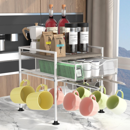 Suport organizator bucatarie, suport cani, capsule cafea, ceai, zahar, statie aparat cafea cu sertar mare pentru depozitare si carlige extensibile, suport pentru 10 cani, organizator pentru barul de cafea in bucatarie, acasa, birou, Gri si Alb [1]