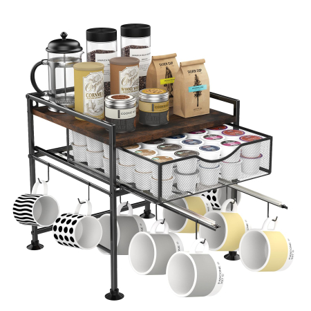 Accesorii Bucatarie - Suport organizator bucatarie, suport cani, capsule cafea, ceai, zahar, statie aparat cafea cu sertar mare pentru depozitare si carlige extensibile, suport pentru 10 cani, organizator pentru barul de cafea in bucatarie, acasa, birou, maro vintage si negru