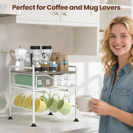 Suport organizator bucatarie, suport cani, capsule cafea, ceai, zahar, statie aparat cafea cu sertar mare pentru depozitare si carlige extensibile, suport pentru 10 cani, organizator pentru barul de cafea in bucatarie, acasa, birou, Gri si Alb [8]