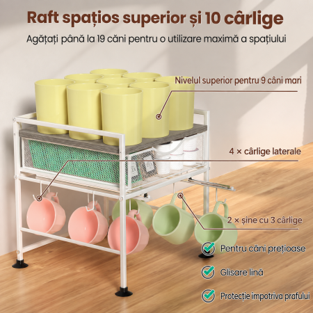 AM275 - Suport organizator bucatarie, suport cani, capsule cafea, ceai, zahar, statie aparat cafea cu sertar mare pentru depozitare si carlige extensibile, suport pentru 10 cani, organizator [3]